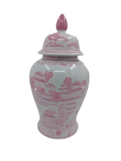 Pink & White Chinoiserie Ceramic Jar 18"