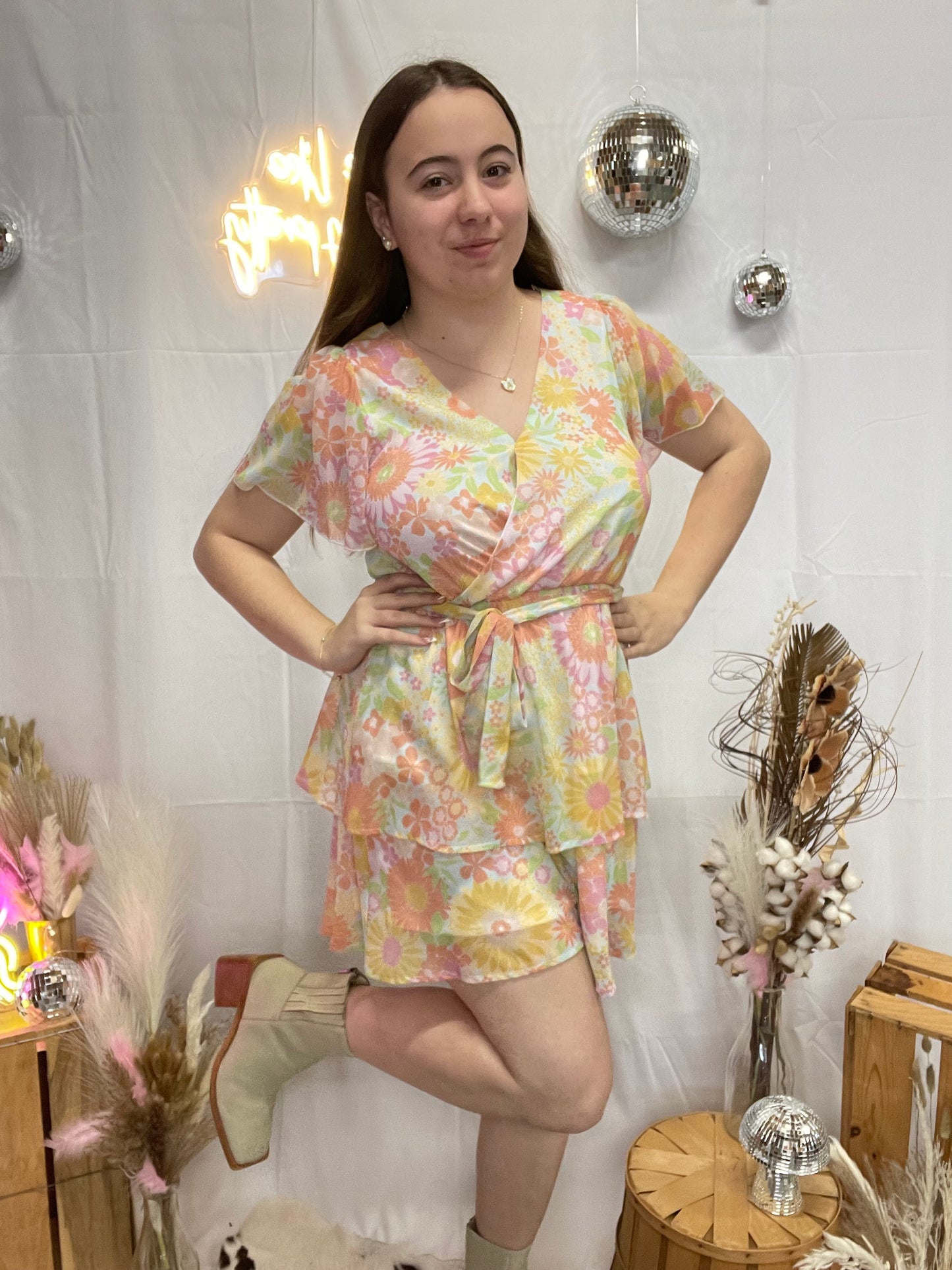 Pastel Floral Tiered Mini Dress