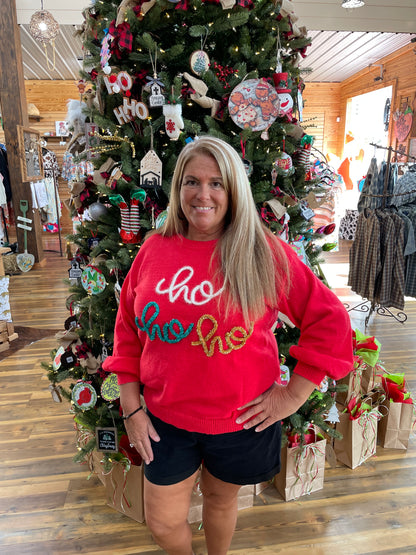 "Ho Ho Ho" Tinsel Sweater Red