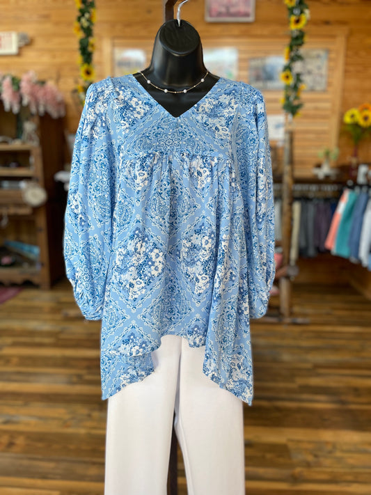 Paisley Puff Sleeve Babydoll Blouse Blue