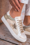 Glitter Star Patchwork PU Leather Lace-up Sneakers: Gold