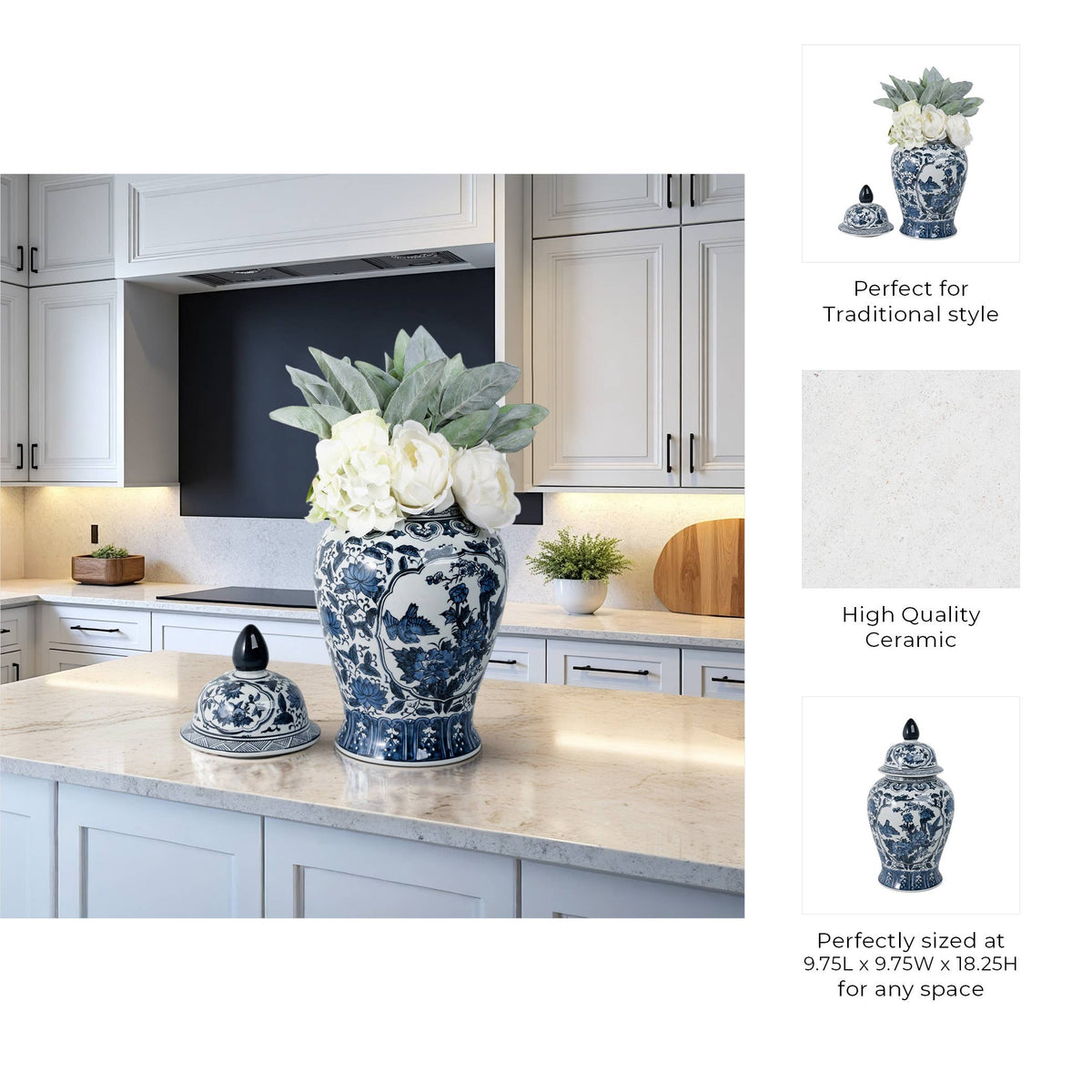 Decorative Vase - Blue Ceramic Flowers Temple, 19 in.