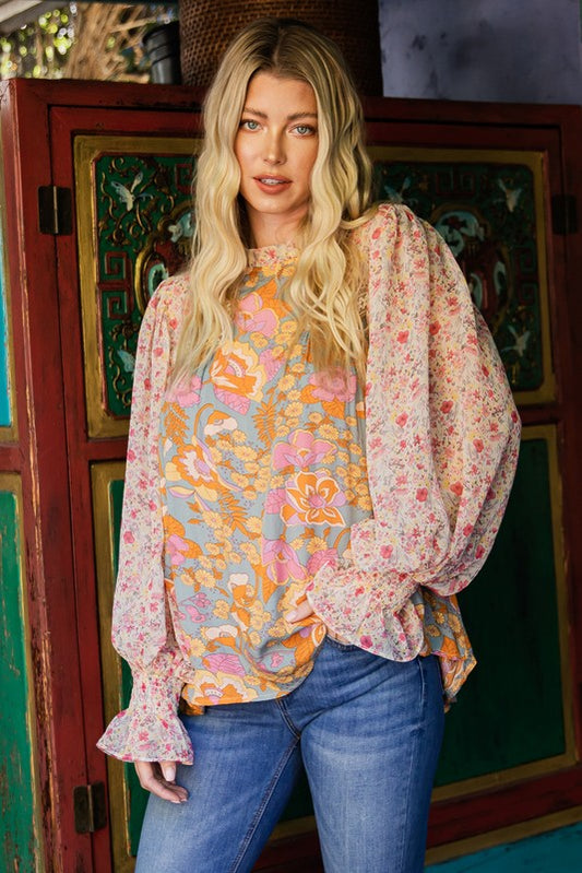 Plus Sage Floral Poet Sleeve Top