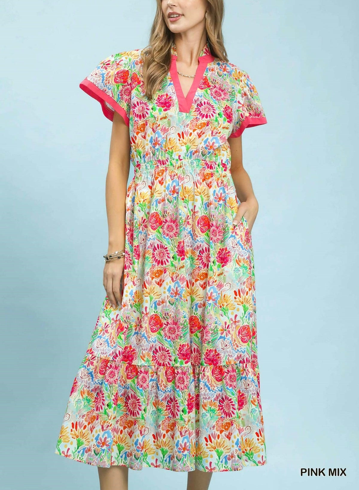 Abstract Print Midi Dress Pink
