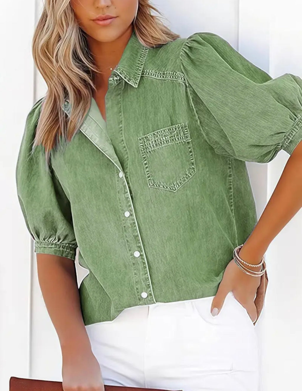 Soft Button Up Blouse Green