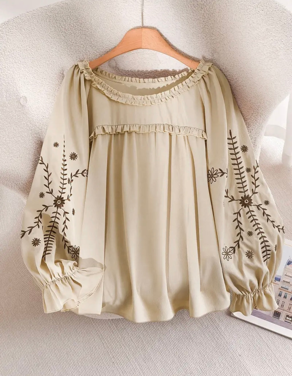 Plus Embroidered Ruffle Blouse Wheat