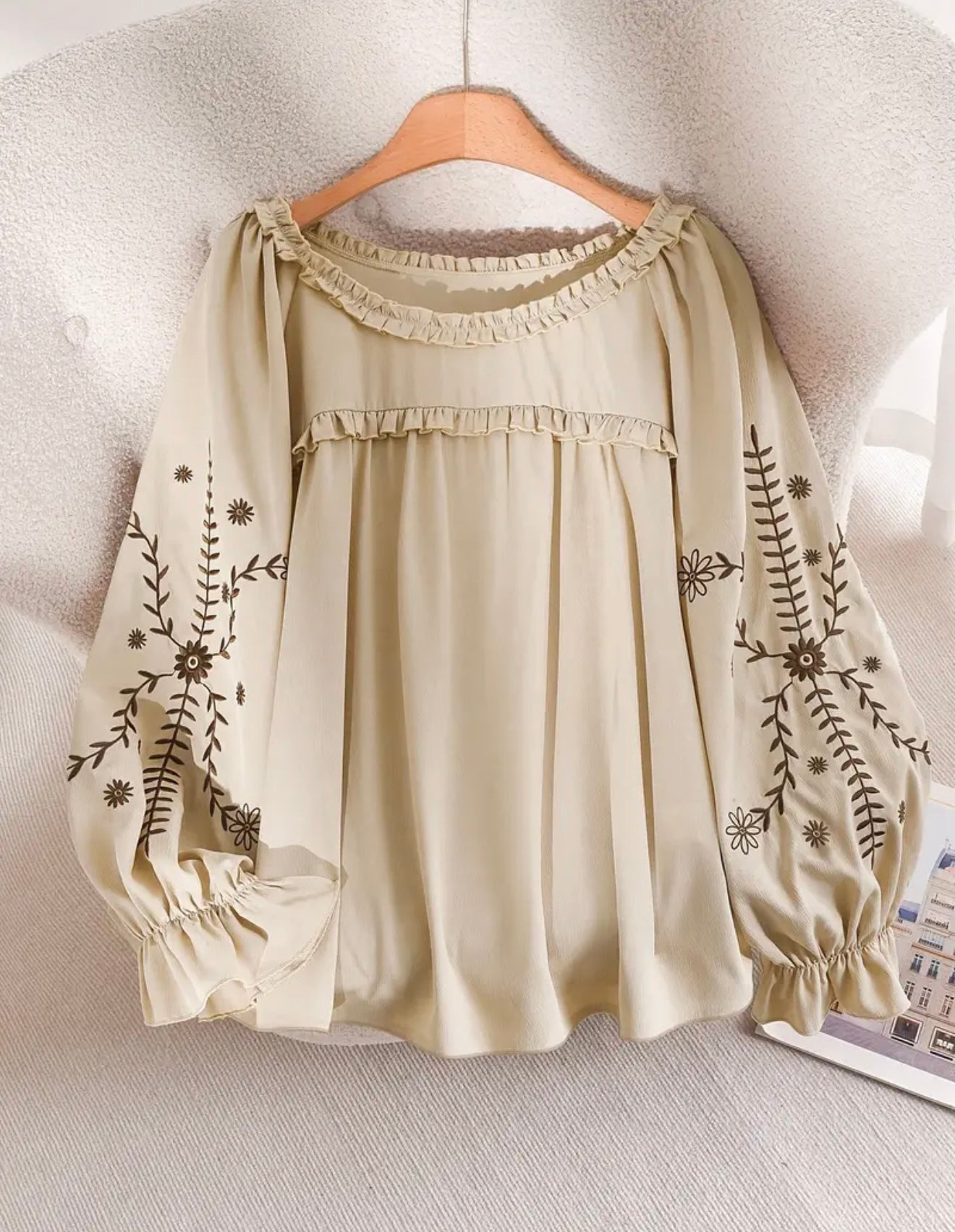 Plus Embroidered Ruffle Blouse Wheat