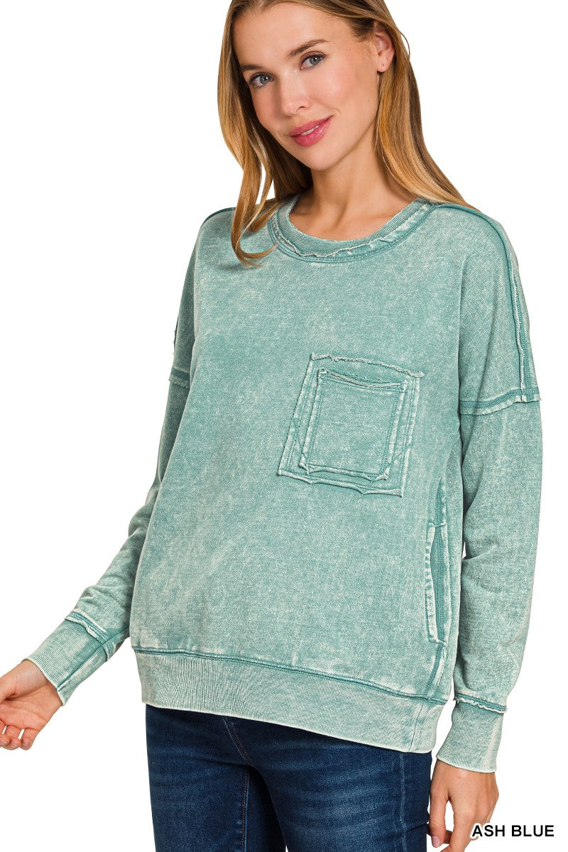 F/terry Raw Edge Front Pocket Pullover Blue