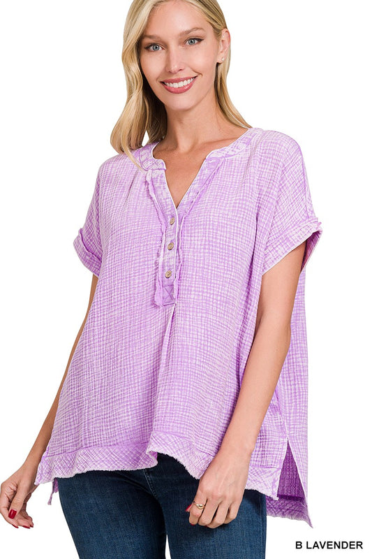 Zenana Washed Button Henley Shirt Lavender