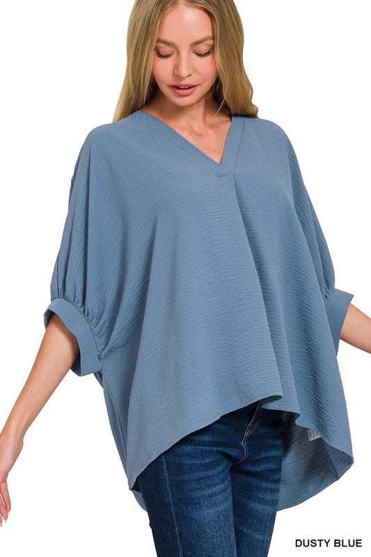 Zenana V-Neck Puff Half Sleeve Top Dusty Blue