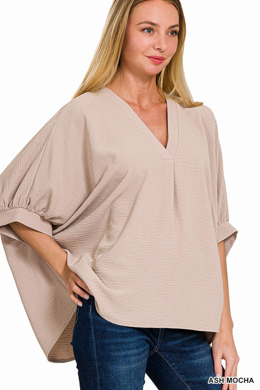 Plus Zenana V-Neck Puff Half Sleeve Top Ash Mocha