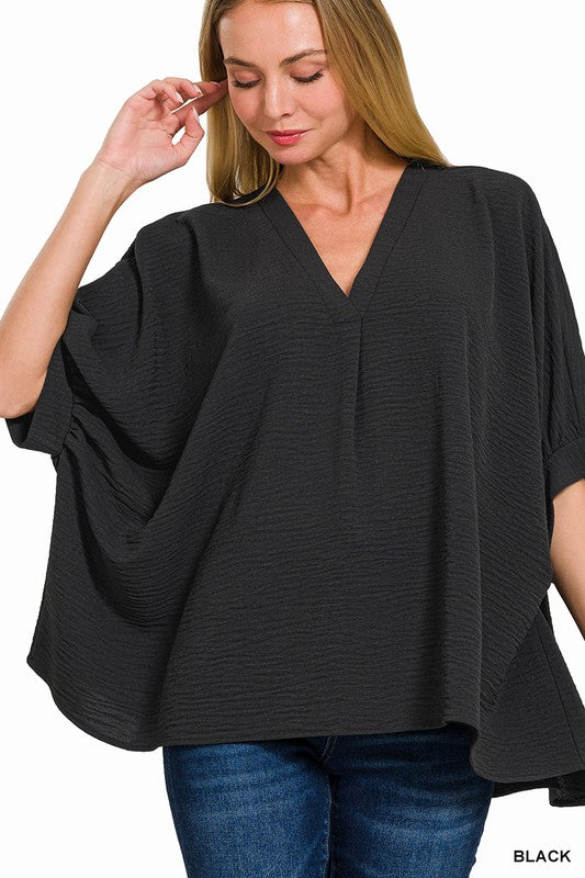 Zenana V-Neck Puff Half Sleeve Top Black