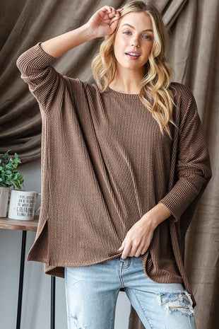 Plus Long Sleeve Ribbed Top Camel