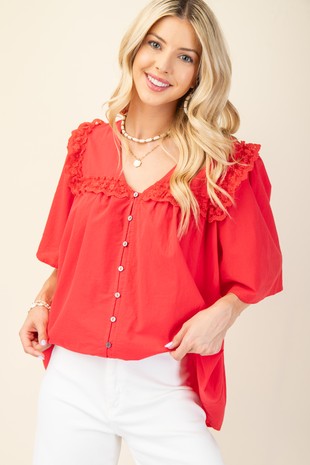 Lace Trim Button Down Blouse
