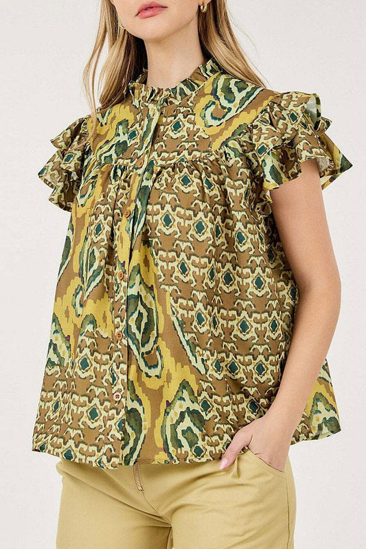 Ruffle Sleeve Mustard Print Blouse