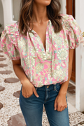 Pink/Green Tie Puff Sleeve Blouse