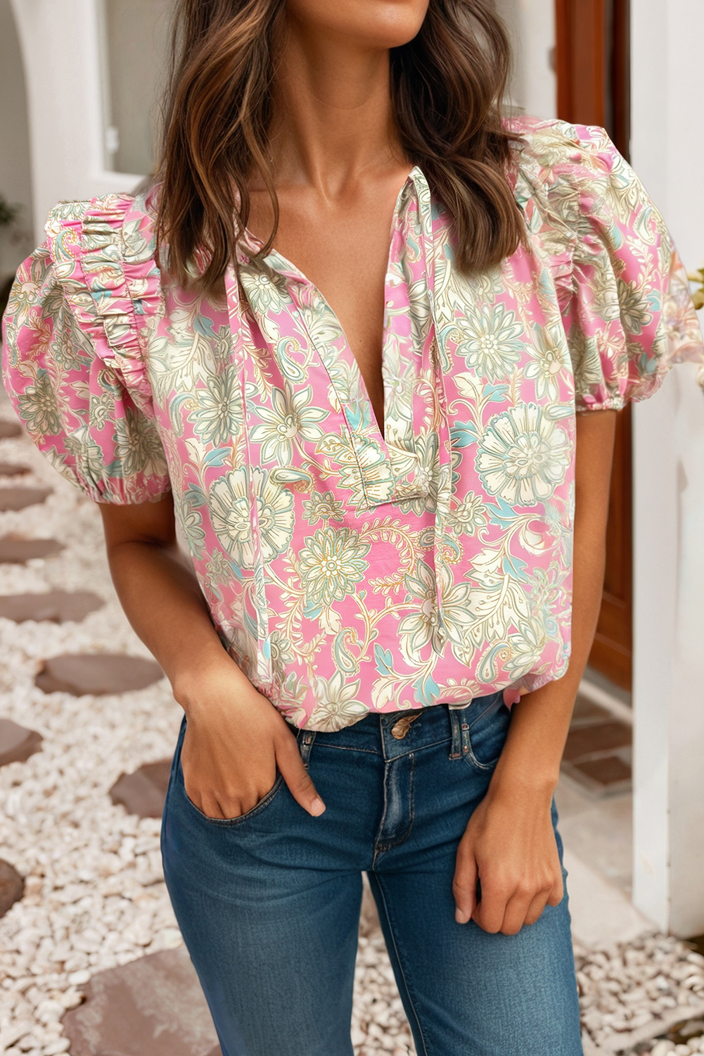 Pink/Green Tie Puff Sleeve Blouse