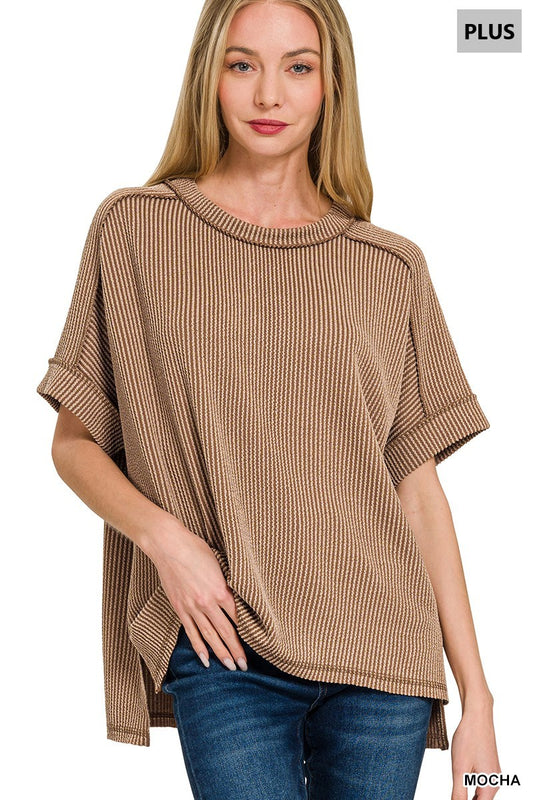 Rib Cuff Sleeve Top-Mocha