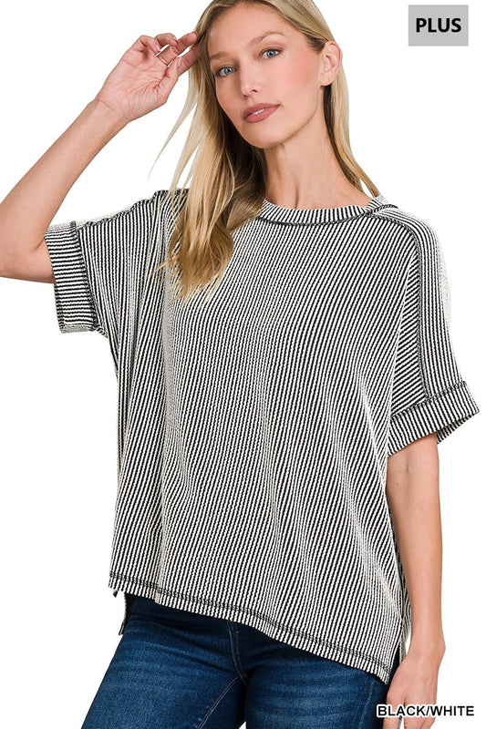 Plus Rib Cuff Sleeve Top-Black/White