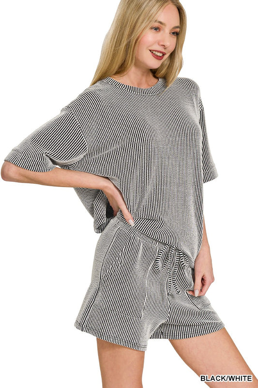 Black and White Ribbed Short Set