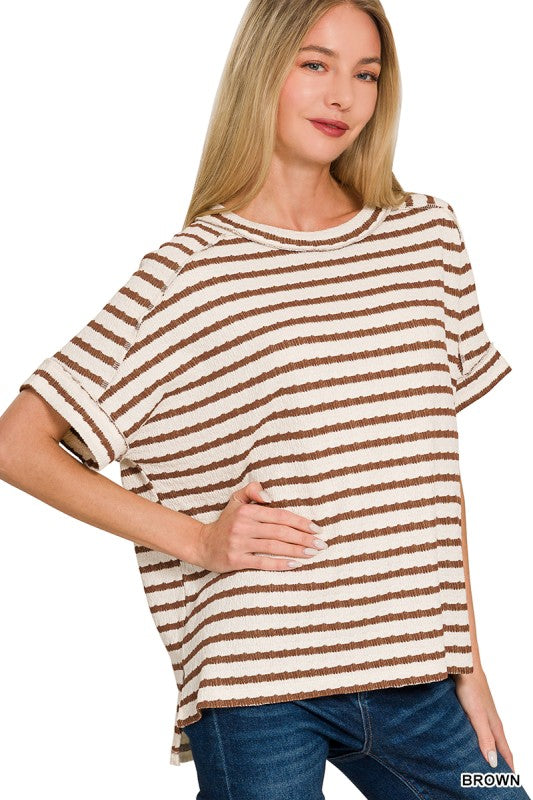Stripe Jacquard RD-neck Box Tee Brown