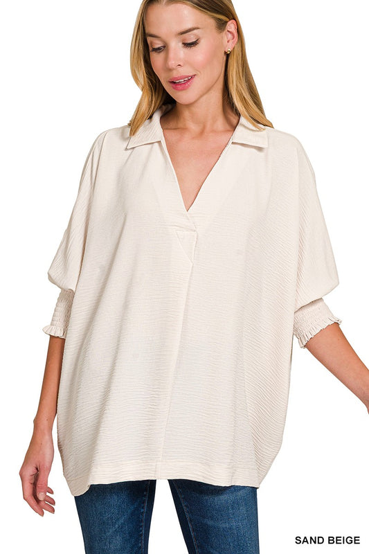 Collar V Neck Top - Sand Beige