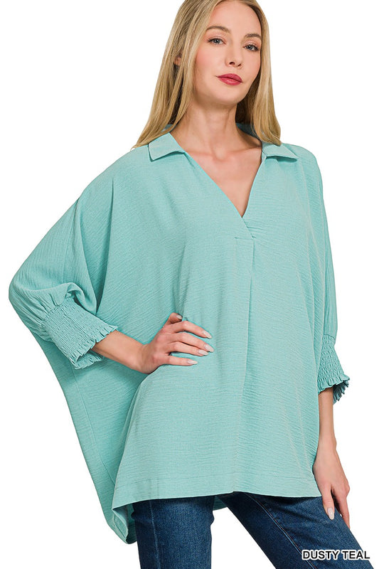 Collar V Neck Top - Dusty Teal