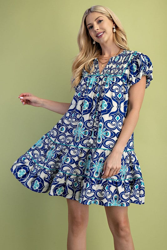 Medallion Print Puff Sleeve Dress