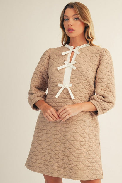 Front Bow Tie Accent Textured Shift Dress