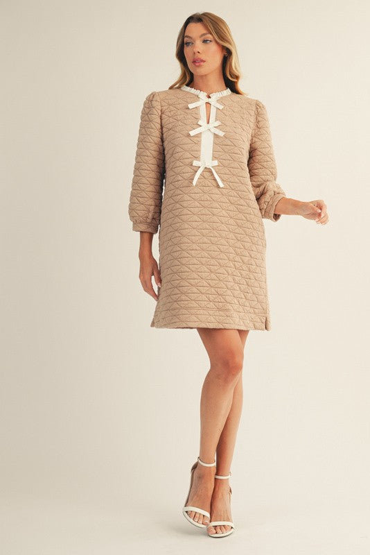 Front Bow Tie Accent Textured Shift Dress