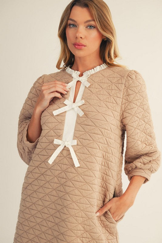 Front Bow Tie Accent Textured Shift Dress