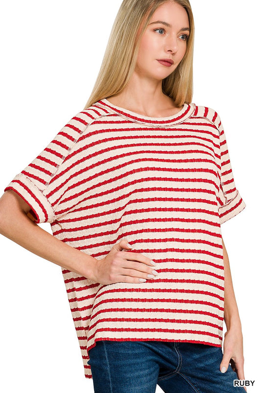 Striped SS Hi-low Tee Red