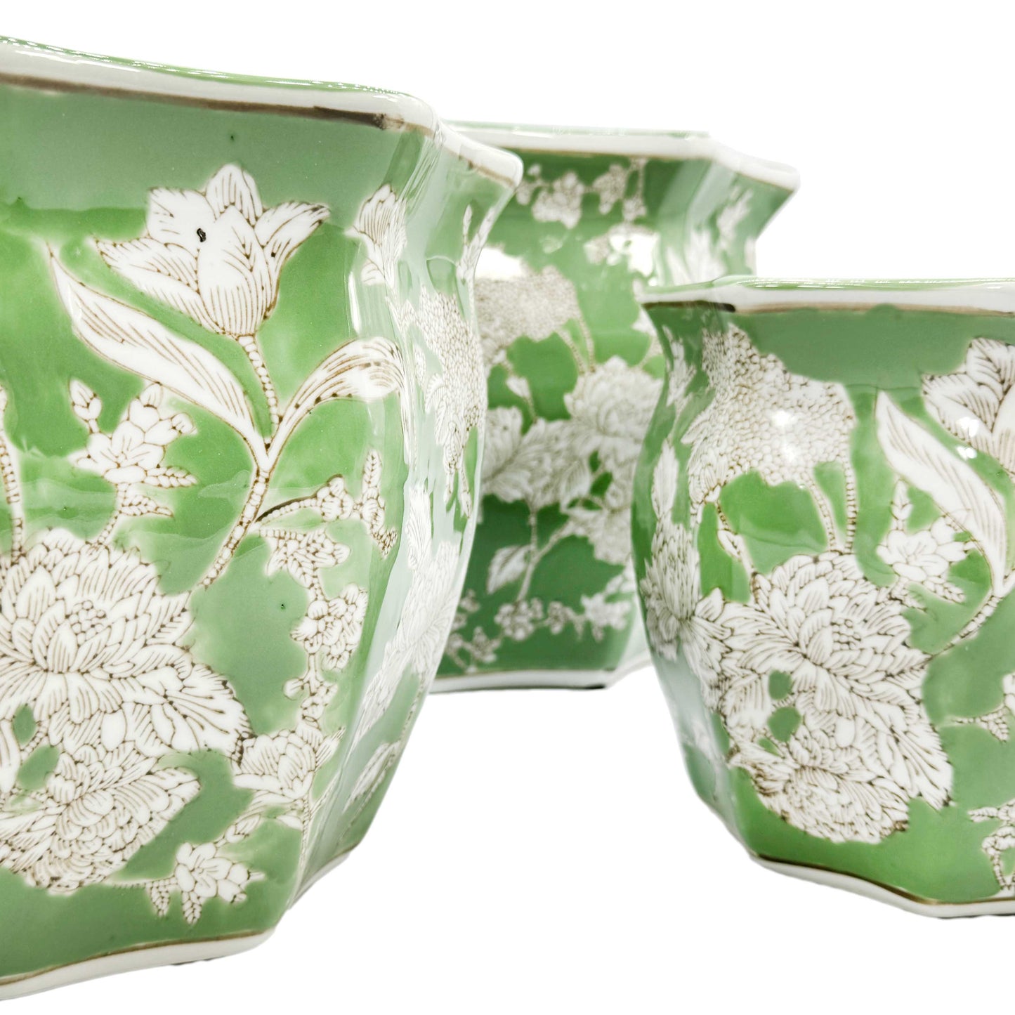 Ceramic Chinoiserie Planter Round Hex Green