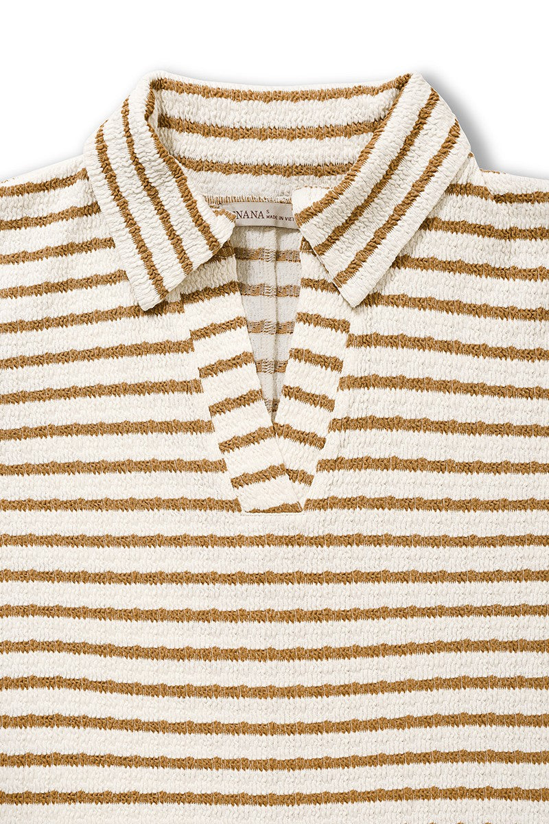 Striped Split Neck Collared Top Camel