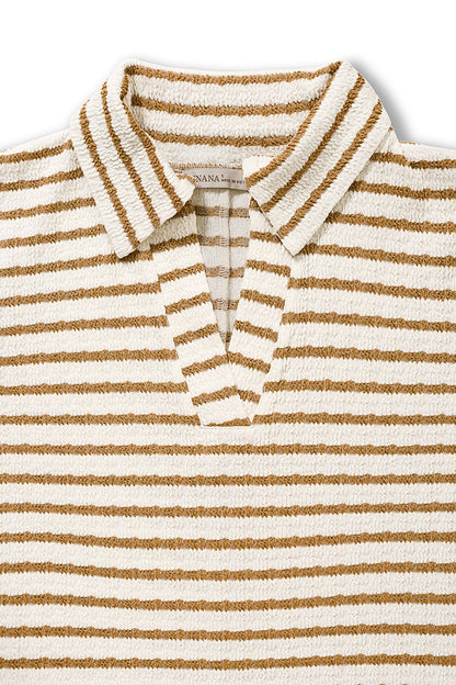 Striped Split Neck Collared Top Camel