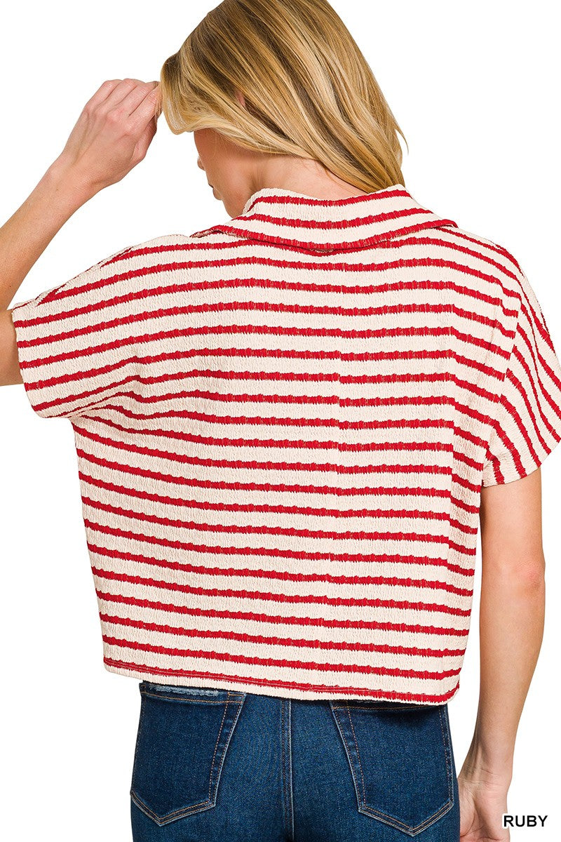 Striped Split Neck Collared Top Ruby