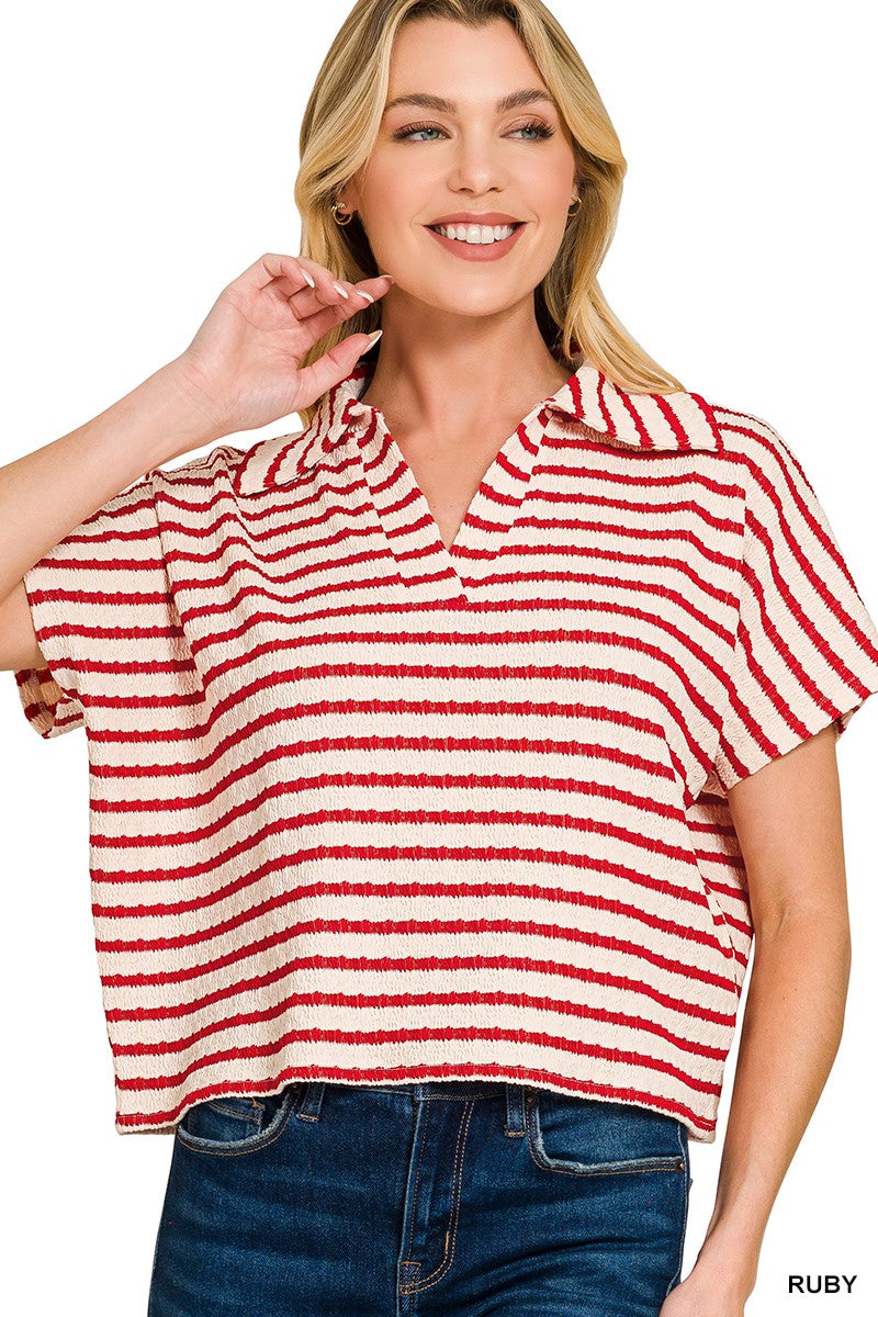 Striped Split Neck Collared Top Ruby