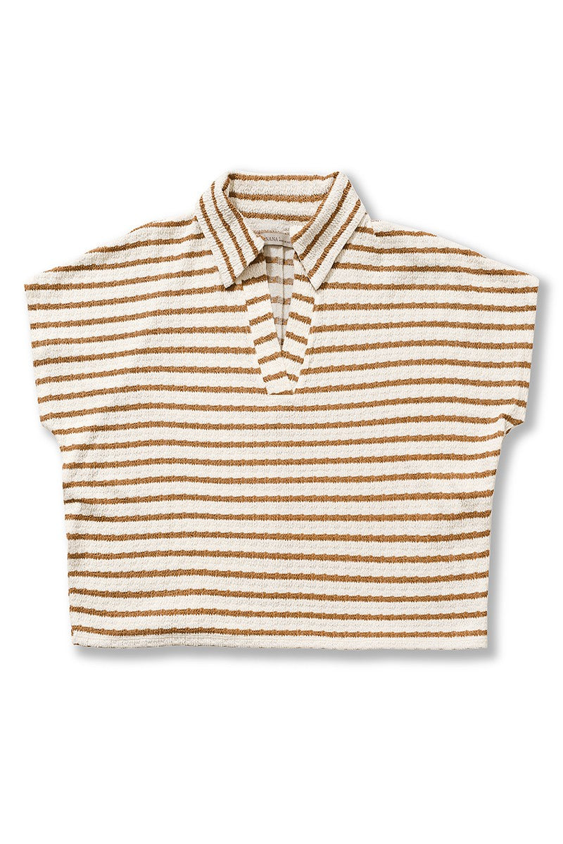 Striped Split Neck Collared Top Camel