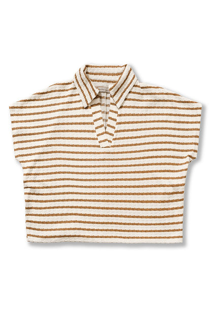 Striped Split Neck Collared Top Camel