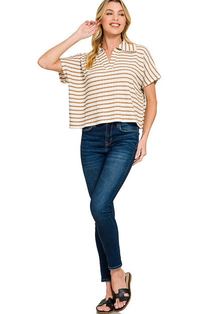 Striped Split Neck Collared Top Camel