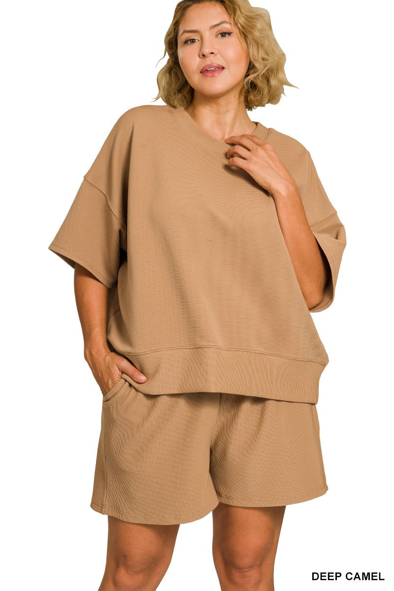 Plus Ribbed Banded Tee & Shorts Set