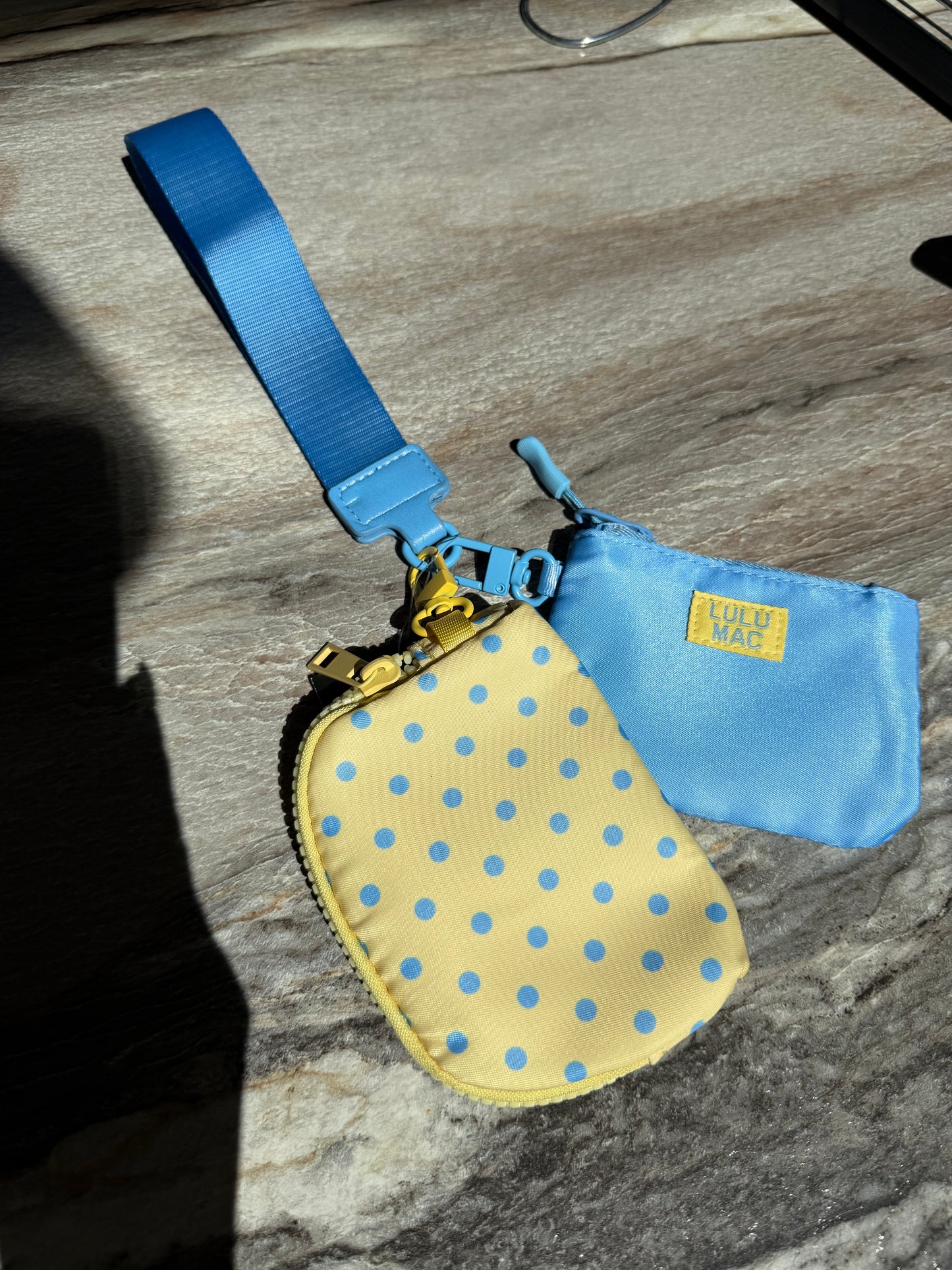 Double Pouch Wristlet, Butter/Blue Dots