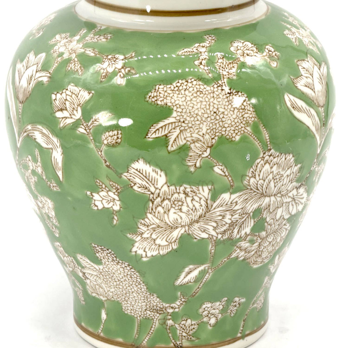 Green & White  Floral Peony Ceramic Chinoiserie Jar 12"