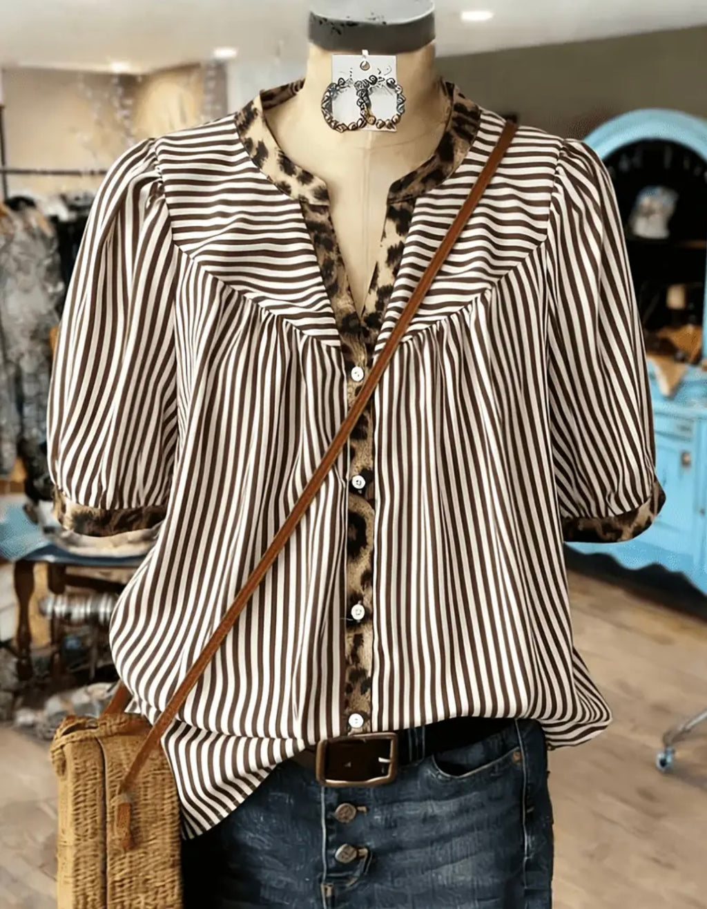 Plus Button Up Striped Cheetah Top