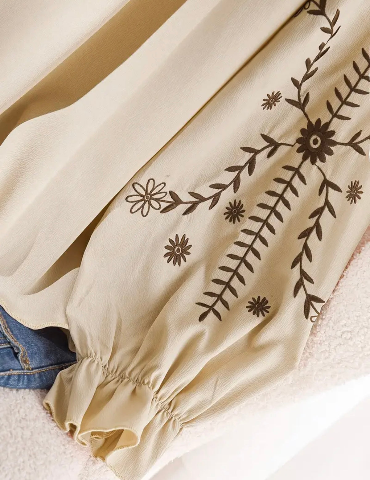 Plus Embroidered Ruffle Blouse Wheat
