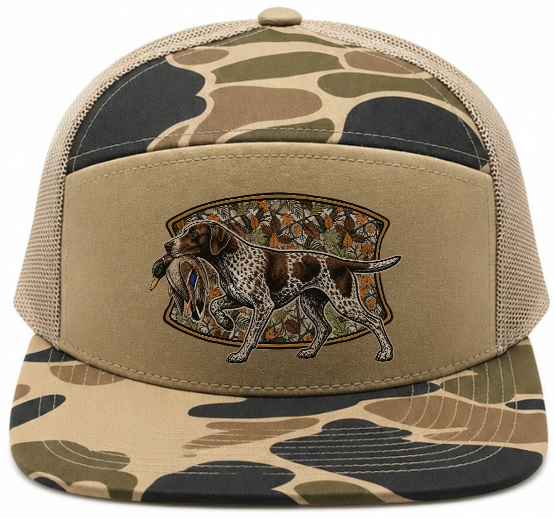 Adult 7 Panel Camo Pointer Dog Snapback Hat