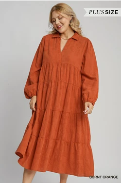 Plus V-Neck Tiered Burnt Orange Dress