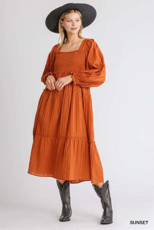 Ruffle Smocked Midi Dress Sunset