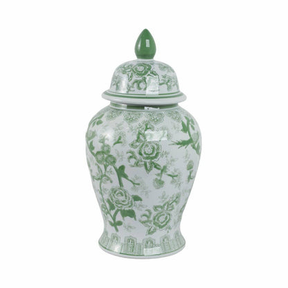 Ceramic Bird Flower Decorative Temple Jar - Green, 18 in.