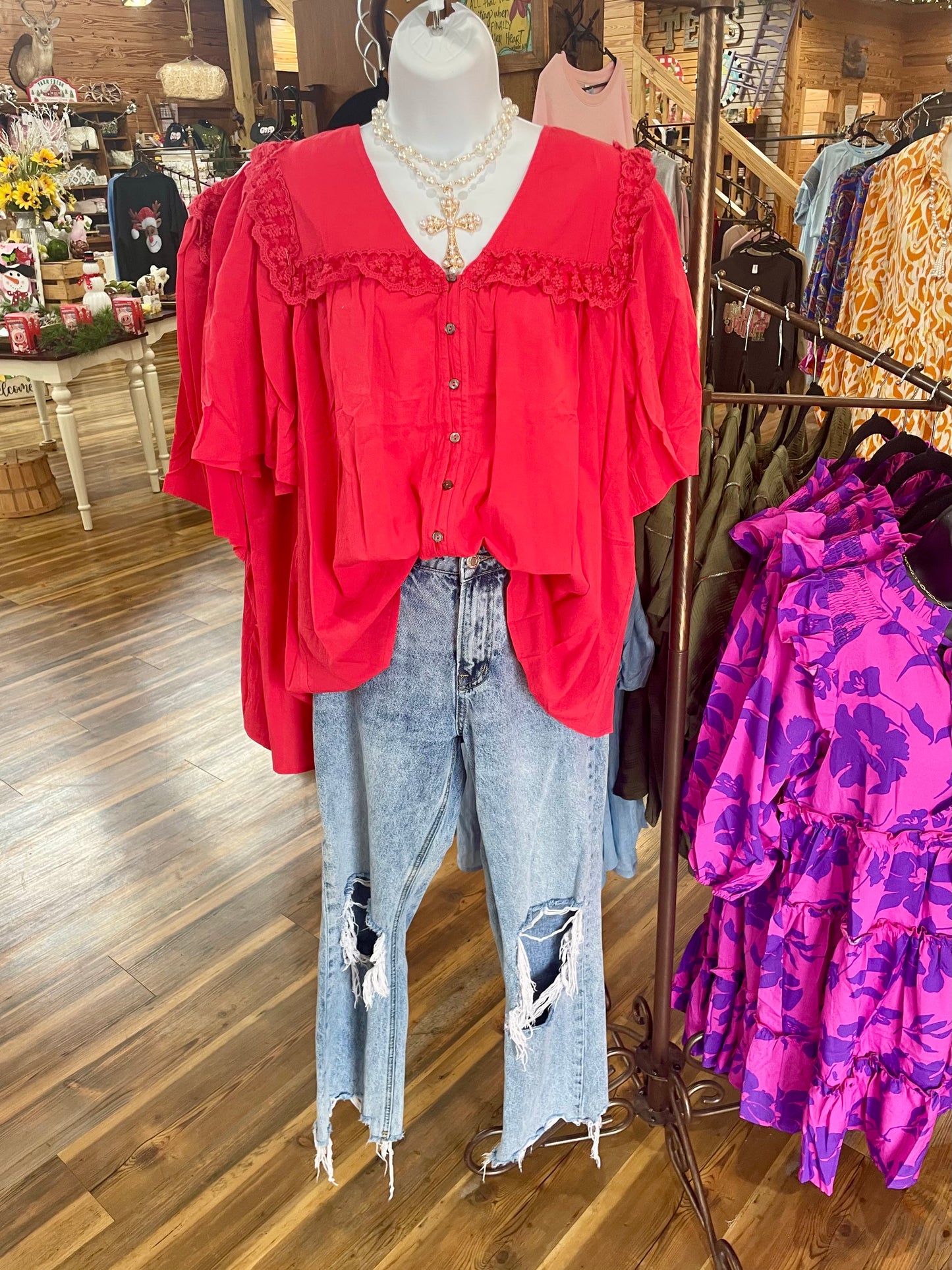 Lace Trim Button Down Blouse